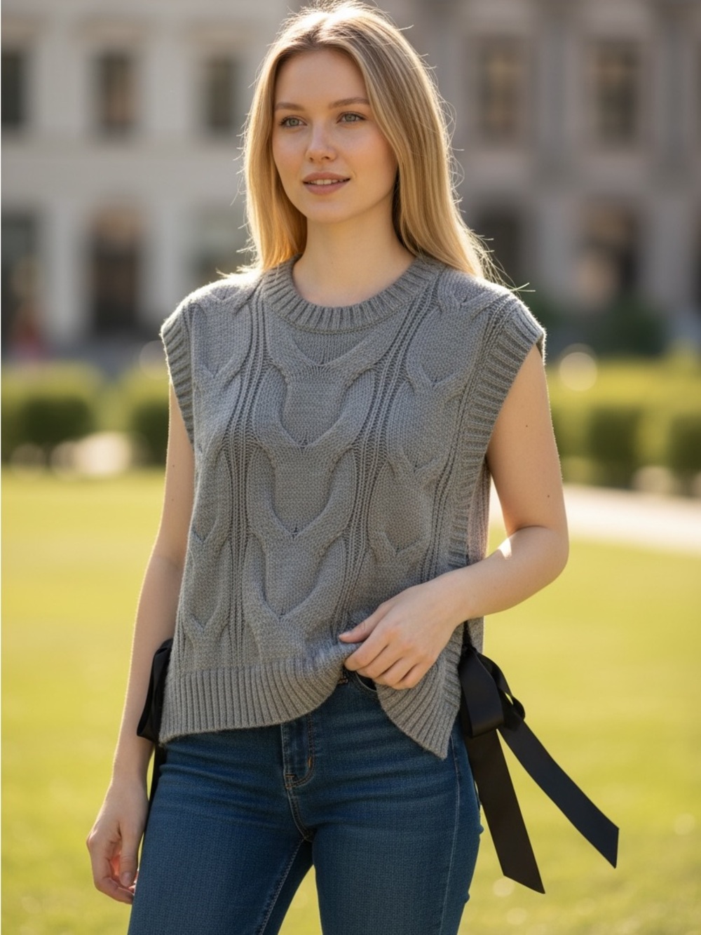 Commense Dual-Sided Bow Cable-Knit Vest in Gray Size Medium
